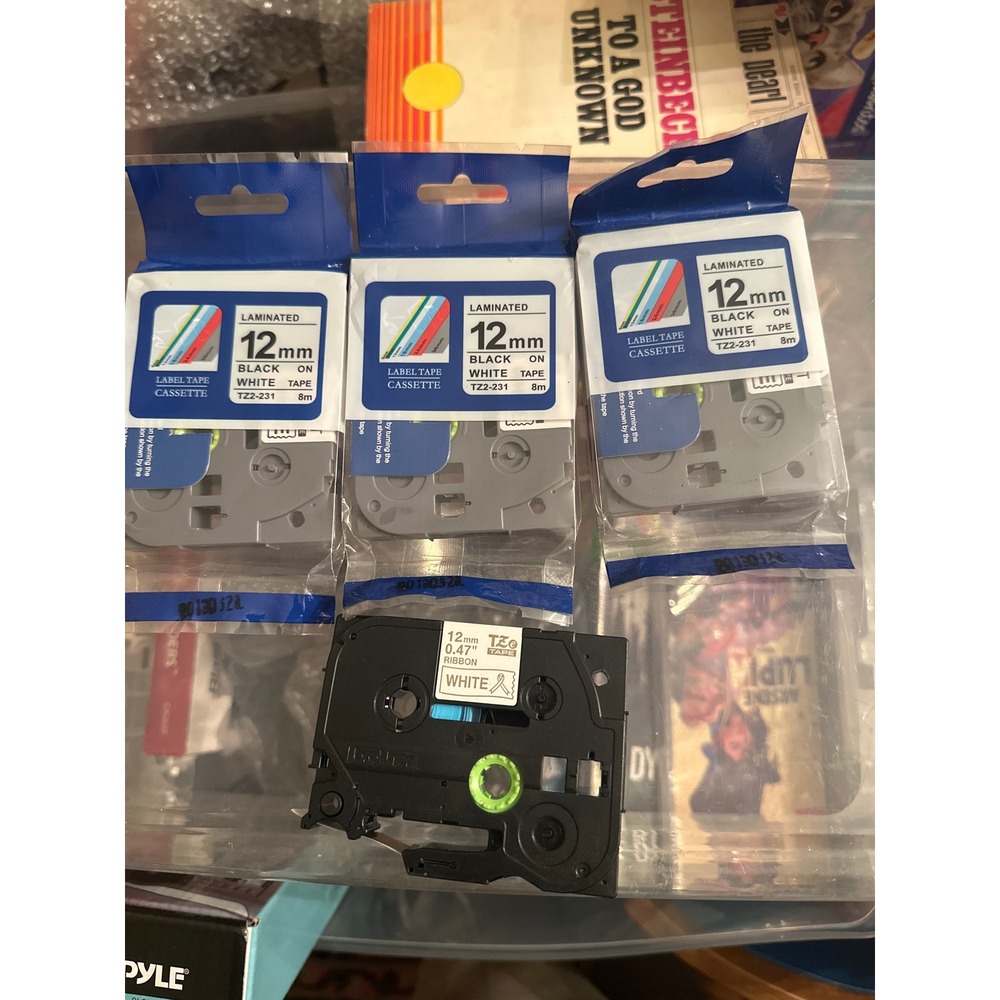 Lot of 4 TZ2-231 Label Tape 12mm 0.47 Black on White for P-Touch 8m Laminated